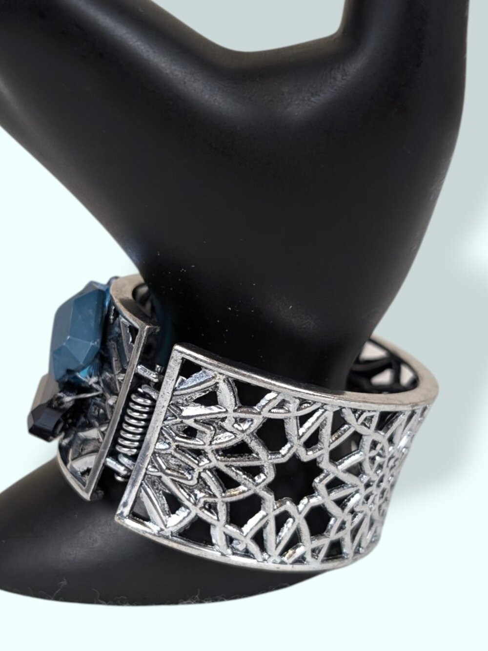 Silver Tone Blue Beaded Hinge Bracelet - Picture 3 of 9